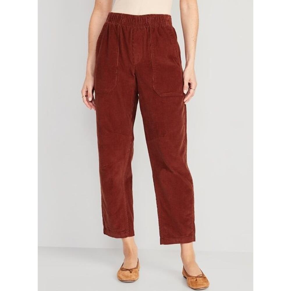 Old Navy Pulla Utility Pants L Rust Red Corduroy Pull On High Rise Ankle
